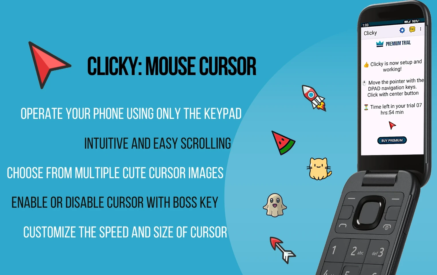 Clicky mouse cursor overlay on an Android dumbphone screen